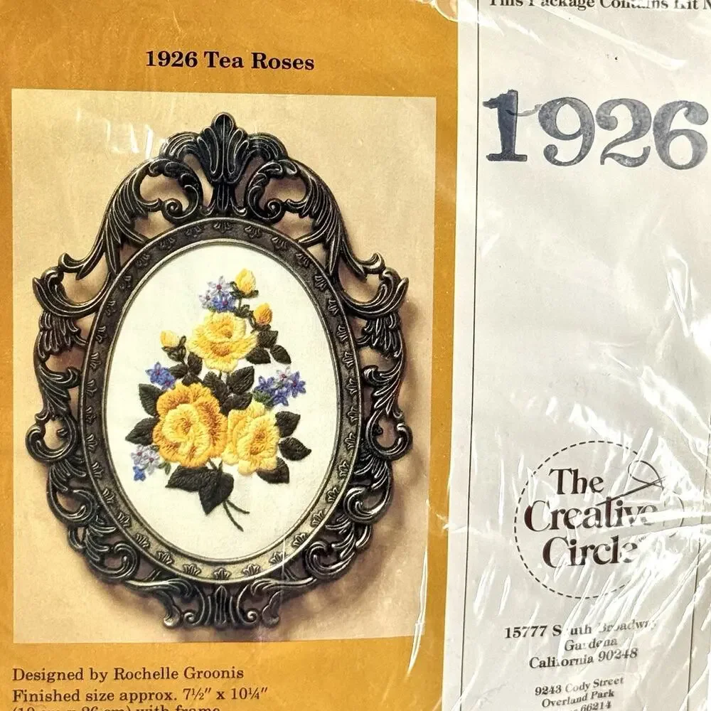 Creative Circle #1926 Tea Roses Crewel Kit with Cast Oval Frame 1984 Cottagecore